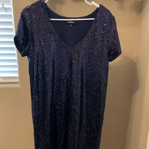 Short sleeved navy blue sequined shift dress